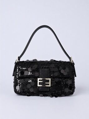 Black Sequin Mini Shoulder Bag with Metal Accent